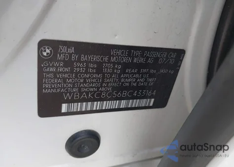 2011 BMW 750Li xDrive from USA, damaged, VIN WBAKC8C56BC433164